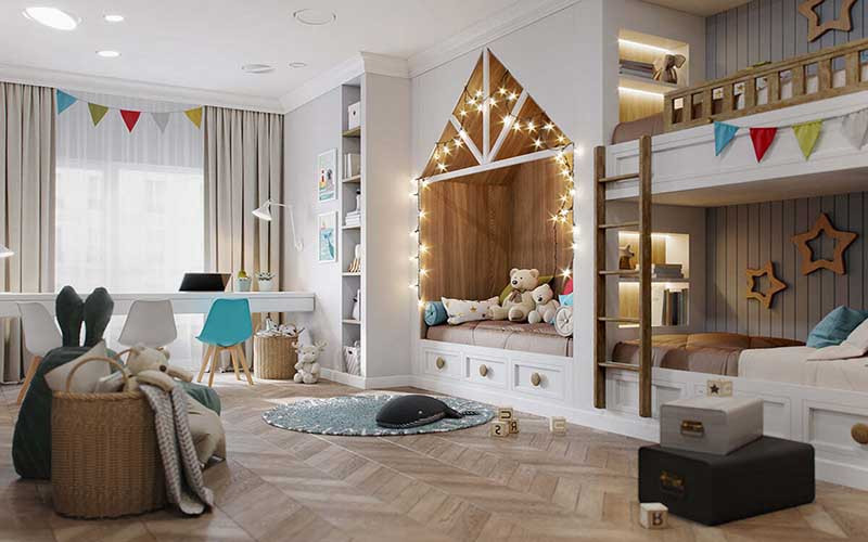 alt text: Bàn học và khu vực vui chơi đặt gần cửa sổ, tận dụng ánh sáng tự nhiên