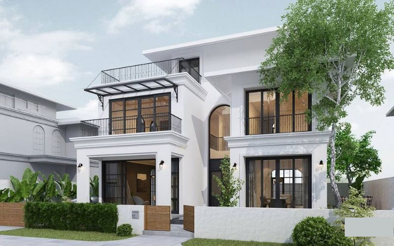 alt text: Biệt thự 2 tầng mái bằng hiện đại với kiến trúc sang trọng, không gian sống rộng rãi, tiện nghi.