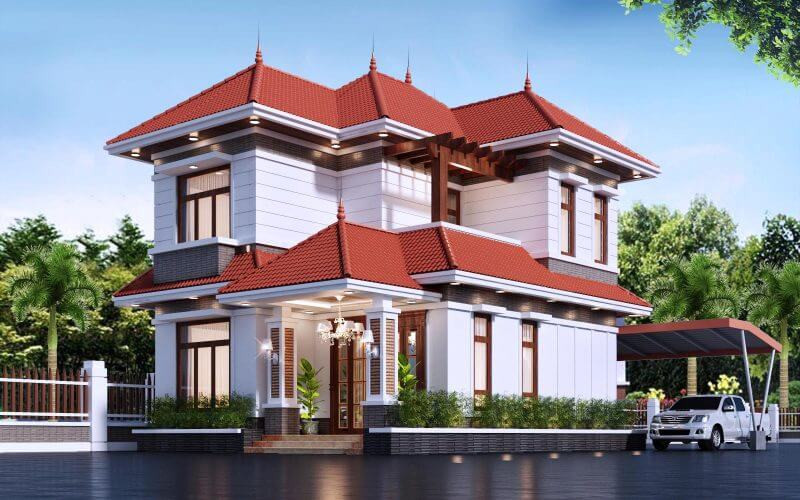 alt text: Biệt thự hiện đại 2 mặt tiền mái thái chữ L