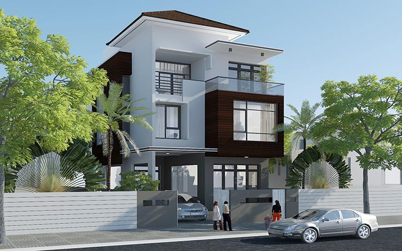 alt text: Hình ảnh minh họa một căn nhà phố 1 trệt 3 tầng 1 tum, với thiết kế hiện đại và không gian mở