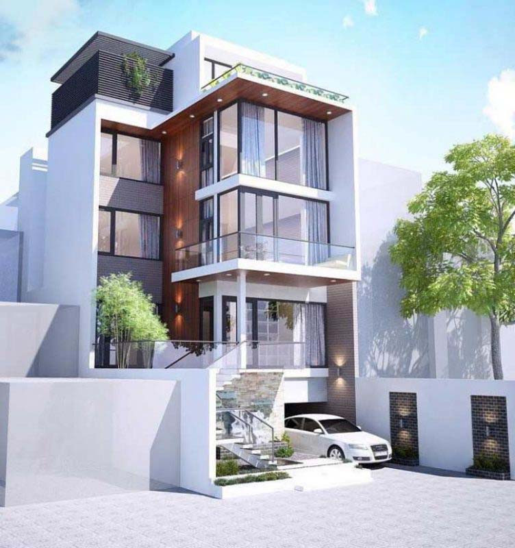 alt text: Hình ảnh minh họa một căn nhà phố 3 tầng có hầm để xe, với thiết kế sang trọng và tiện nghi