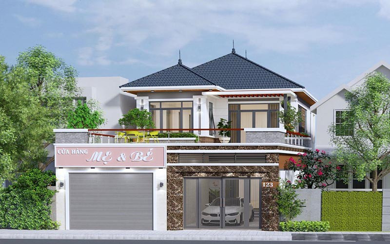 alt text: Hình ảnh minh họa một căn nhà phố 3 tầng mặt tiền, với thiết kế hiện đại và không gian kinh doanh ở tầng trệt