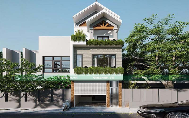 alt text: Hình ảnh minh họa quá trình thiết kế bản vẽ kiến trúc cho một căn nhà phố, với các kỹ sư đang thảo luận