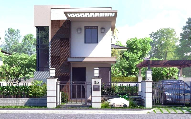 alt text: Hình ảnh tổng quan một căn nhà phố 2 tầng mái bằng hiện đại với thiết kế sang trọng, mặt tiền ốp đá tự nhiên và hệ cửa kính rộng rãi.