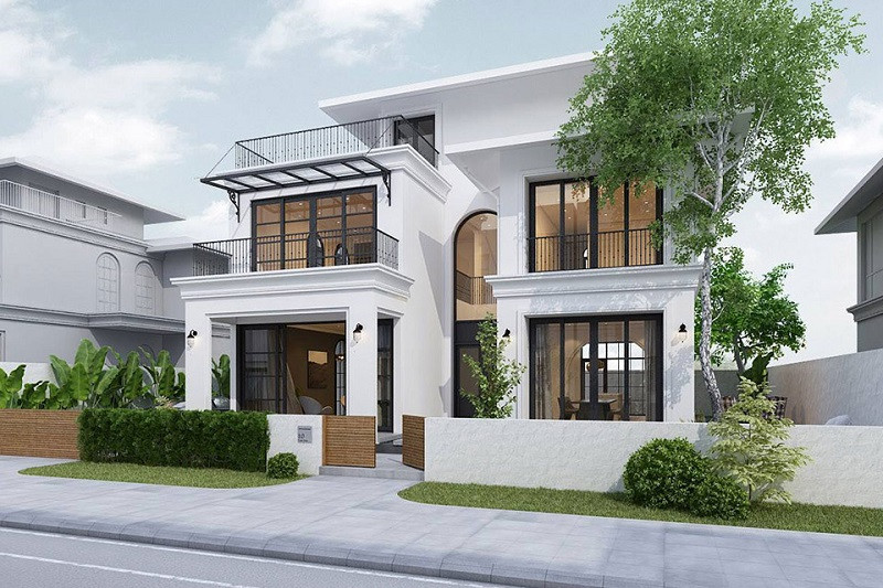 alt text: Mẫu biệt thự mini 2 tầng cửa kính hiện đại