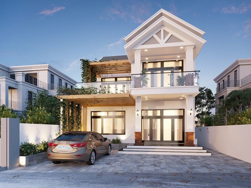 alt text: Mẫu biệt thự mini 2 tầng kết hợp phong cách hiện đại và cổ điển