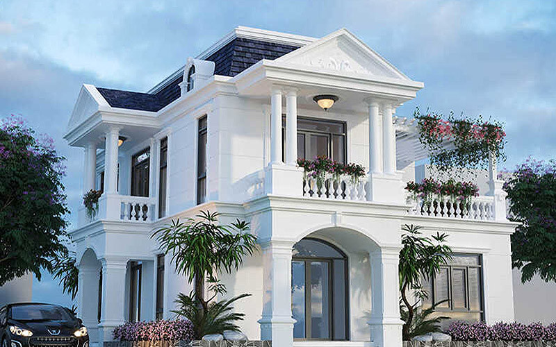 alt text: Mẫu biệt thự mini 2 tầng với lò sưởi thông tầng