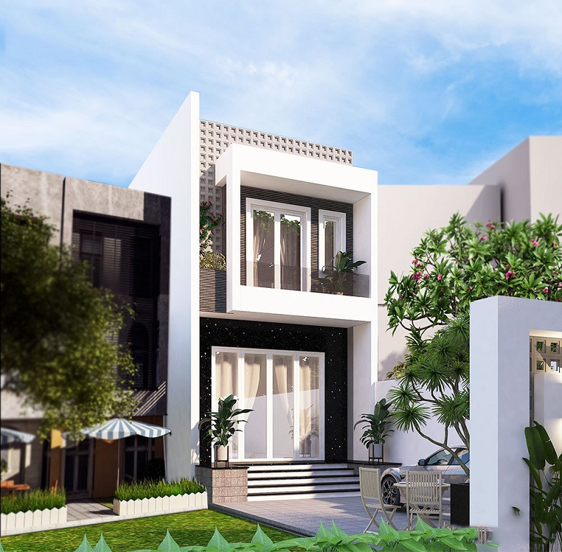 alt text: Mẫu nhà phố 2 tầng mái bằng với gạch bông gió tạo điểm nhấn kiến trúc độc đáo và mang lại ánh sáng tự nhiên cho không gian bên trong.