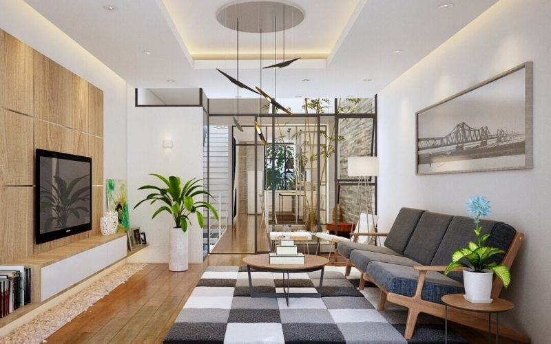 alt text: Mẫu thiết kế nội thất hiện đại cho nhà phố với không gian mở và ánh sáng tự nhiên