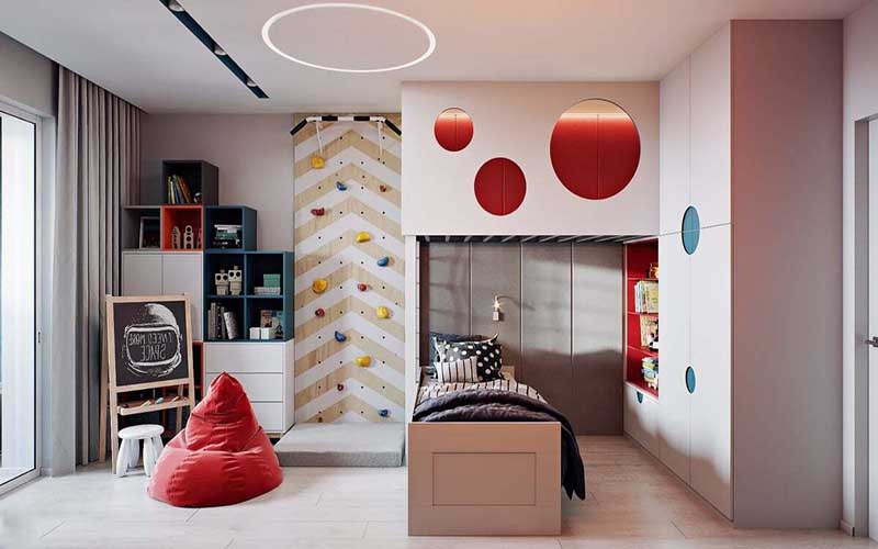 alt text: Mẫu thiết kế phòng bé trai với gam màu xanh dương chủ đạo