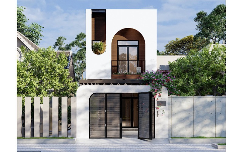 alt text: Nhà phố 2 tầng mái bằng chữ L tận dụng tối đa diện tích, tạo không gian sân vườn hoặc chỗ đậu xe tiện lợi.