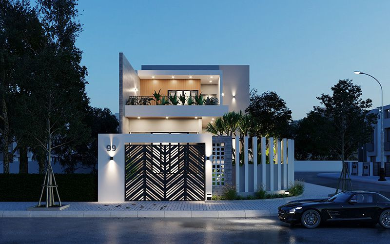 alt text: Nhà phố 2 tầng mái bằng thiết kế đơn giản với gam màu trắng chủ đạo, tạo nên vẻ đẹp tinh tế, hiện đại.