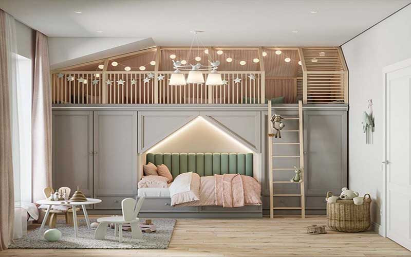 alt text: Phòng ngủ cho bé với thiết kế 2 tầng hiện đại, tiết kiệm không gian