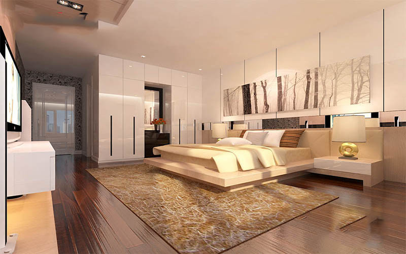 alt text: Phòng ngủ hiện đại có nhà vệ sinh riêng