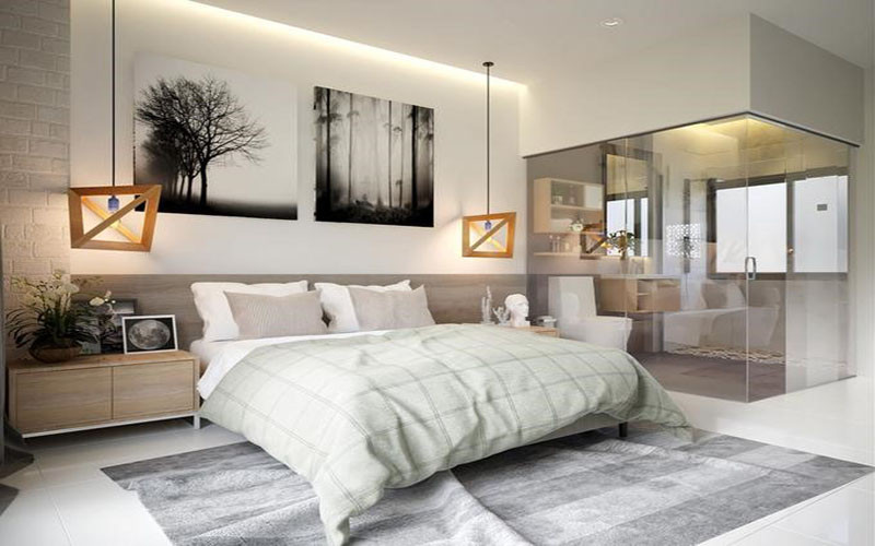 alt text:  Phòng ngủ master kết hợp nhà vệ sinh sang trọng