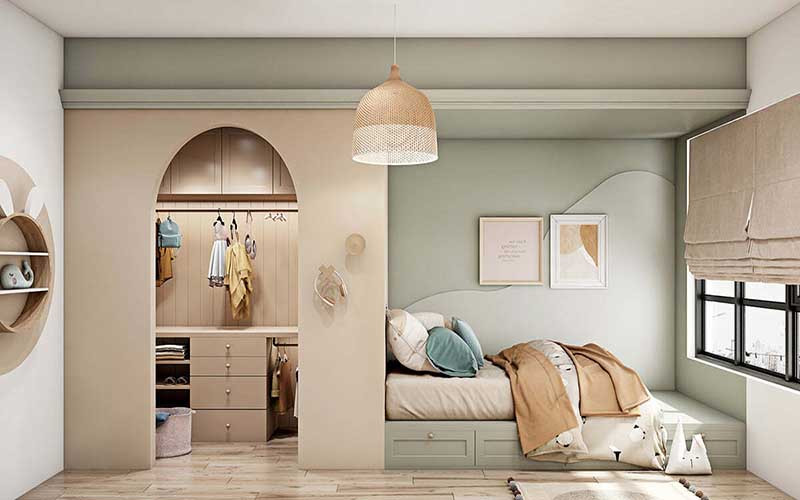 alt text: Thiết kế giường ngủ an toàn cho trẻ nhỏ với vách chắn bảo vệ