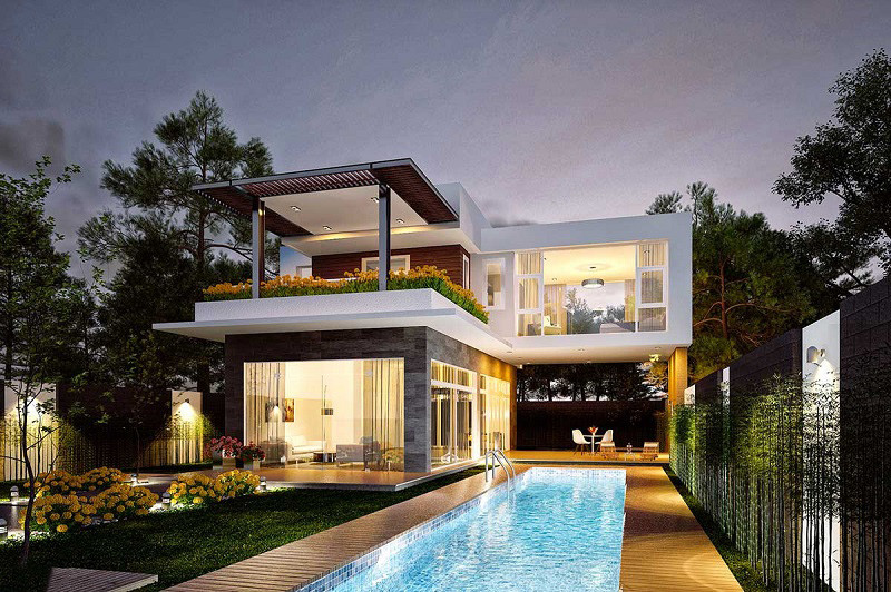 Biệt thự hiện đại 2 tầng hình chữ L