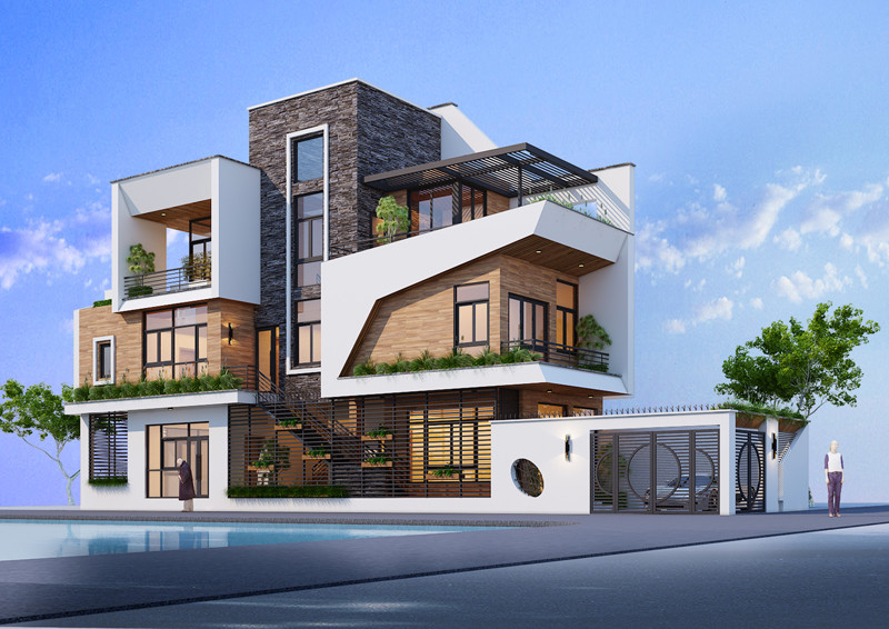 biệt thự hiện đại 3 tầng chữ L