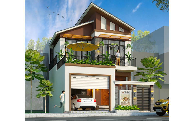 mẫu mặt tiền nhà phố 2 tầng mái lệch