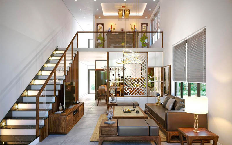 Mẫu nhà phố 2 tầng có gác lửng diện tích 4.8 x 16m