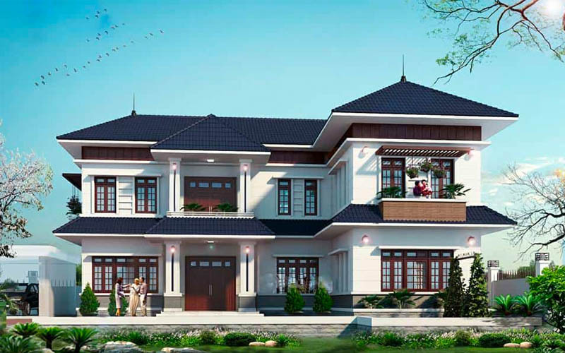 mẫu thiết kế mặt tiền nhà phố 2 tầng dạng chữ L