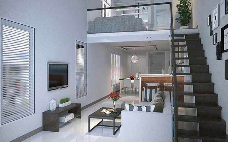 Nhà phố 2 tầng có gác lửng với không gian sinh hoạt chung ấm cúng