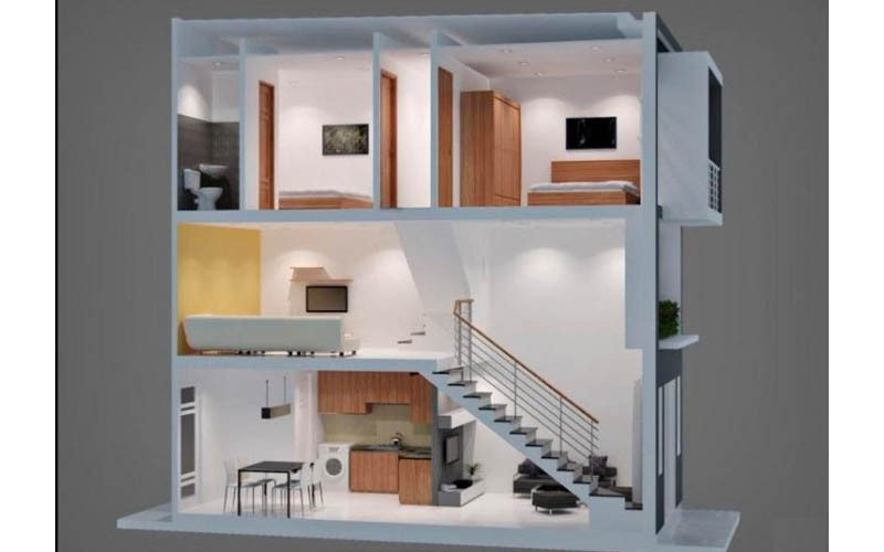 Thiết kế nhà phố 2 tầng có gác lửng