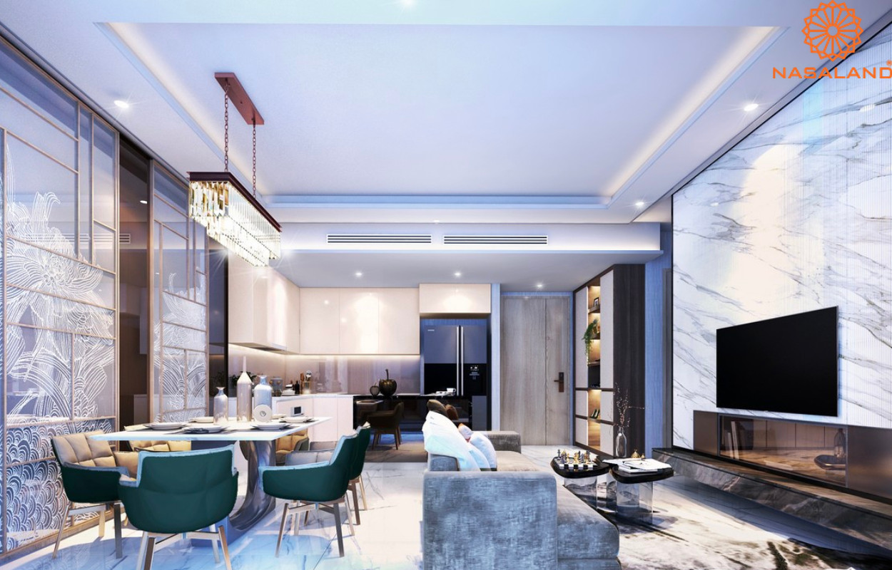 Không gian phòng khách hiện đại tại nhà mẫu Thảo Điền Green Loại 2PN