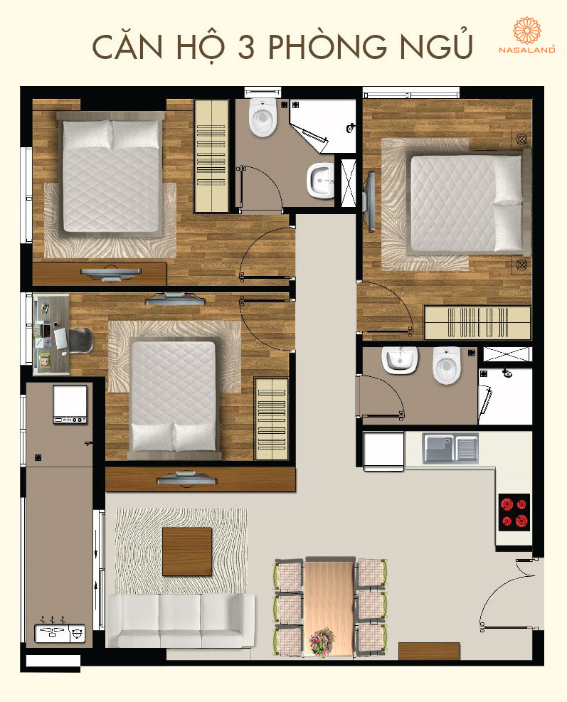 Mặt bằng căn hộ 3 phòng ngủ.