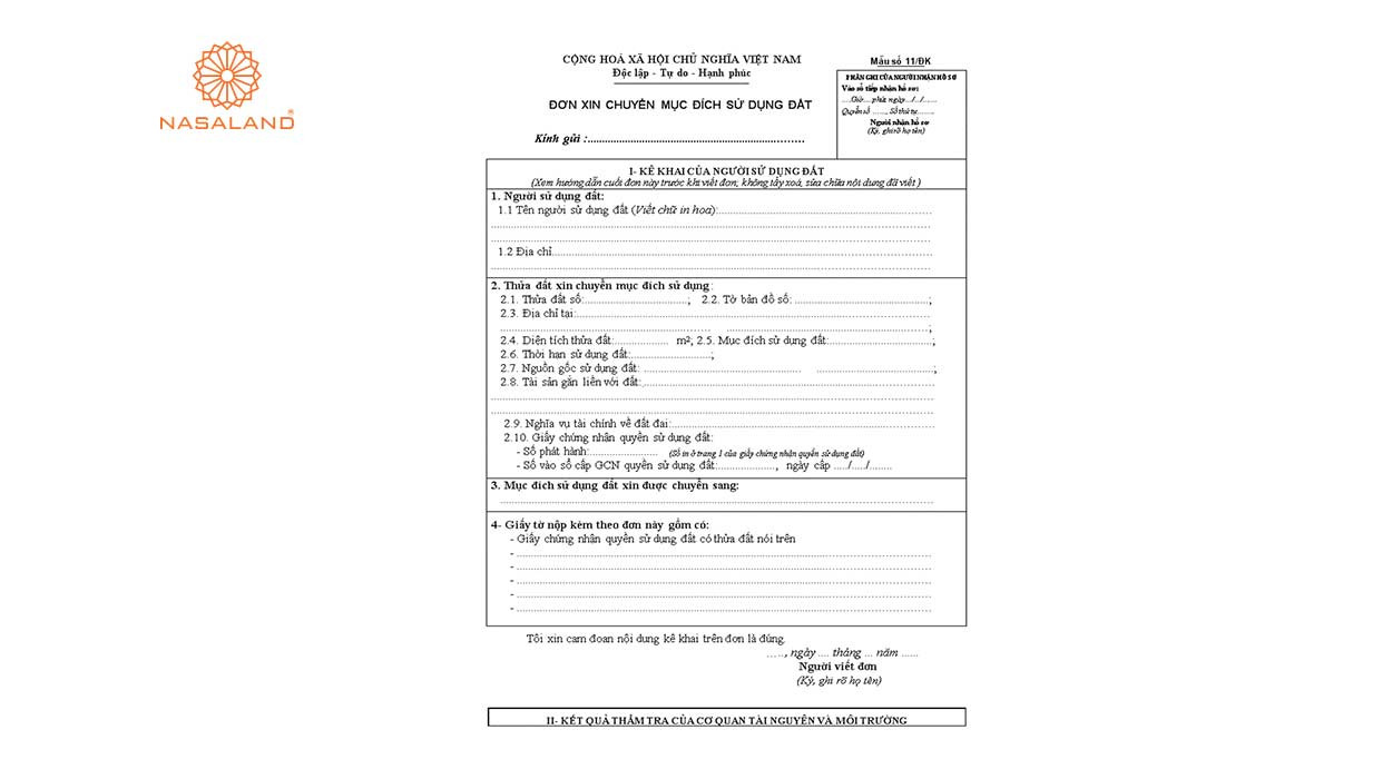 Mẫu đơn xin chuyển mục đích sử dụng đất